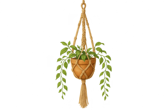 Lush green potted plant in macrame hanger, isolated on transparent background