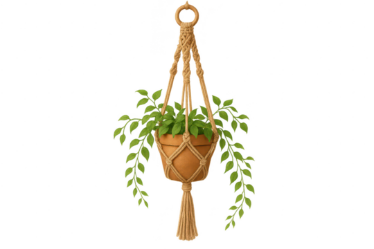Bohemian macrame plant hanger with a green houseplant, isolated on transparent background - Powered by Adobe