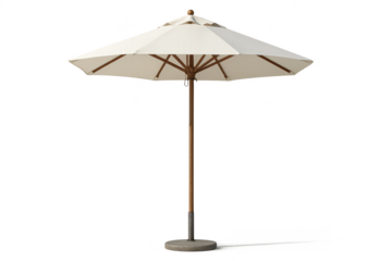 Stylish white patio umbrella with wooden pole isolated on transparent background