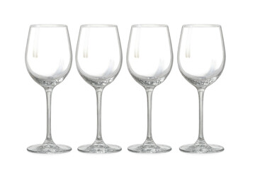 Four elegant empty stemmed wine glasses, isolated on transparent background.