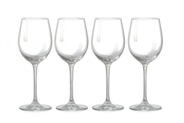 Four elegant empty stemmed wine glasses, isolated on transparent background.