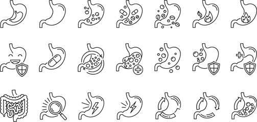 Set of Stomach and Digestion Line Icons Showing Gastric Health, Heartburn, Acid Reflux, Pills, Gut Bacteria, and Gastrointestinal Anatomy Symbols