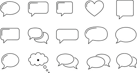 Set of Speech and Thought Bubble Line Icons Showing Communication, Chat, Conversation, Heart, Message, and Dialogue Interface Symbols