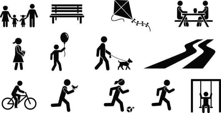 Set of Park and Outdoor Activity Stick Figure Icons Showing Family, Bench, Kite, Picnic, Walking, Cycling, Running, and Playground Symbols