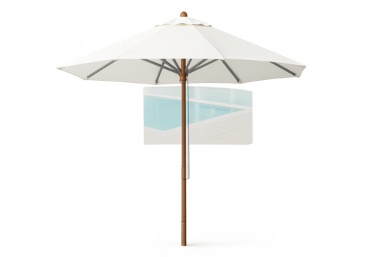 White patio umbrella with wooden pole isolated on transparent background.