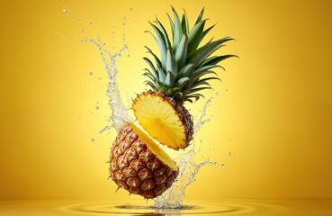 Split ripe pineapple fruit segment splashes water with transparent liquid drops falling into yellow pool. Refreshing tropical fruit motion object isolated on plain gold background.
