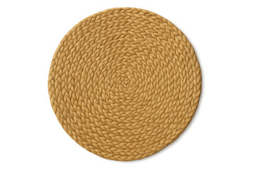 Round woven natural fiber placemat isolated on transparent background.