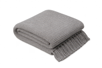 Soft gray textured blanket, folded with fringe, isolated on transparent background