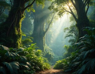 Fototapeta premium Rich jungle with sun rays shine through canopy. Green foliage and massive trees create dense environment. Tropical forest scene shows thriving nature at dawn with misty atmosphere.