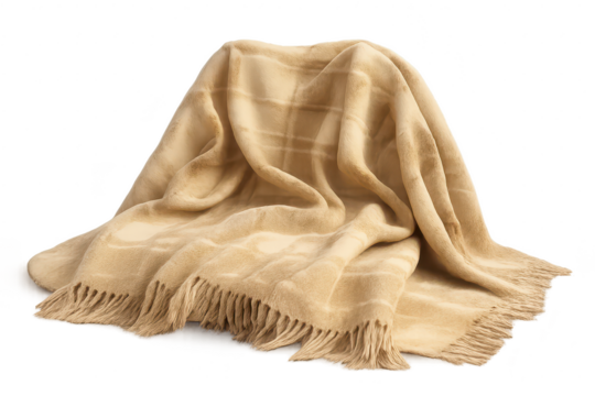 Plush beige plaid blanket with fringes, cozy texture on transparent background