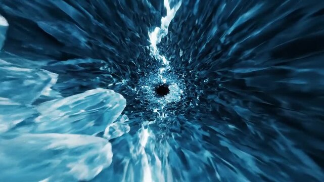 Abstract Tunnel Vortex of Jagged Ice Formations in Deep Blue and White With Bright Light at the Center Creating a Sense of Fast Movement and Speed