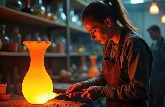 Woman shapes hot glass with tool in workshop. She creates vase with traditional methods. Female artisan makes unique glassware art object at factory. Shelves with vases on background.