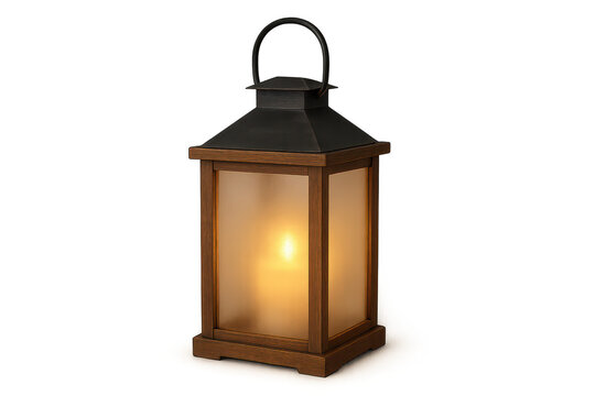 Rustic wooden lantern with a warm glow, isolated on transparent background