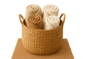 Obraz premium Basket with clean soft rolled towels on a mat, isolated on transparent background