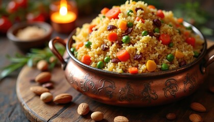 Golden pilaf fills ornate copper pot on wood table. It has colorful carrots, peas, dried fruit, nuts. Warm candle glows, creating inviting meal scene. Delicious traditional dish ready to eat.