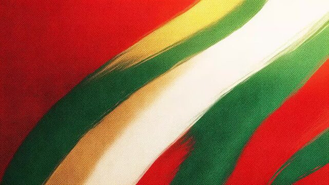 Abstract artwork featuring bold red, green, yellow, and white brush strokes.