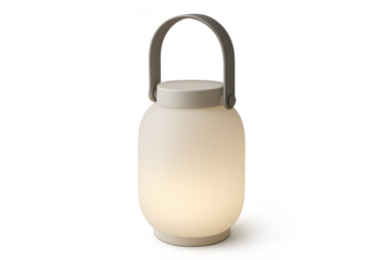 Modern portable lantern with warm glowing light, isolated on transparent background