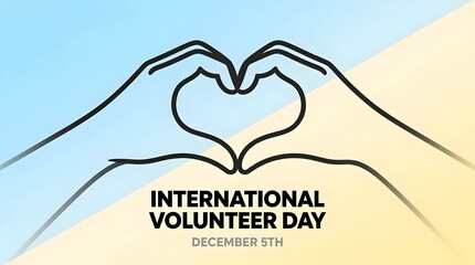 Illustration celebrating international volunteer day on december 5th with hands forming a heart shape against a blue and yellow background