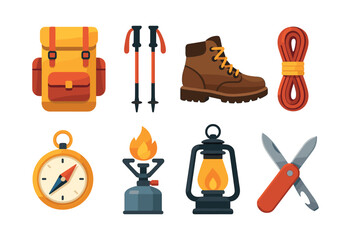Hiking gear essentials, flat vector illustration of camping equipment