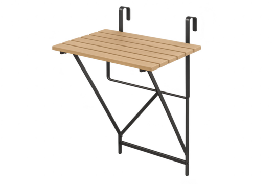 Balcony folding table with wooden top and metal frame, isolated on transparent background.