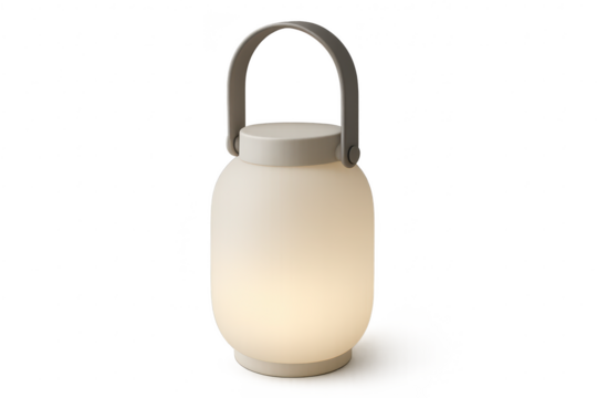 Modern portable lantern with warm glowing light, isolated on transparent background