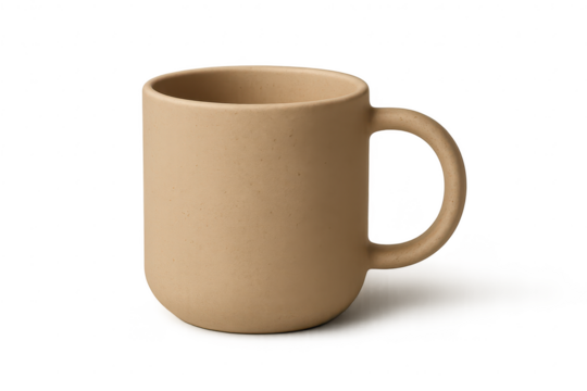 Empty modern beige stoneware coffee mug isolated on a transparent background