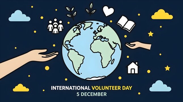International volunteer day celebration graphic featuring a globe surrounded by icons representing community, giving, learning, and care against a dark blue starry background