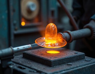 Hot molten glass shaping process. Craftsman shapes glass with tool. Manual glass production in factory. Manufacturing industrial production. Glassblowing industry. Metal equipment at glass factory