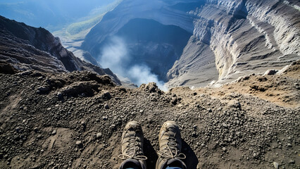 Vertical POV of hiking boots on the crater rim edge of Gunung Kerinci Jambi