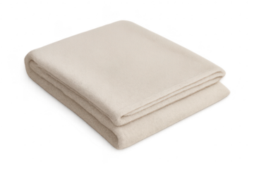 Cozy beige folded fleece blanket, isolated on transparent background, warm.