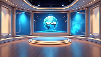 Virtual TV news studio interior. Empty modern design setup features a glowing earth globe screen. The stage platform is illuminated. Space ready for broadcast media show production.