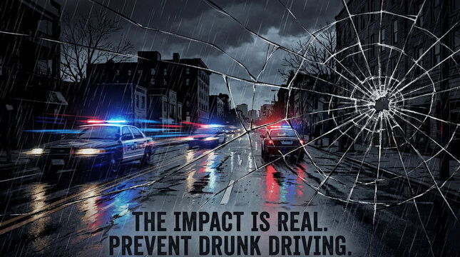 A dramatic rainy night scene with police cars viewed through a shattered windshield, illustrating the real impact of drunk driving.