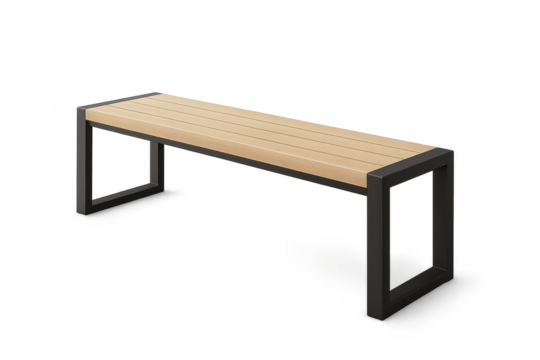 Modern park bench with wood slats and dark frame, isolated on transparent background.