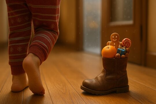 Child Approaching Gift-Filled Boot on St. Nicholas Day (Nikolaustag)