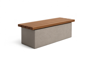 Modern concrete bench with wooden slats, isolated on transparent background