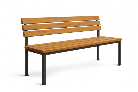 Wooden park bench with metal frame isolated on transparent background, design
