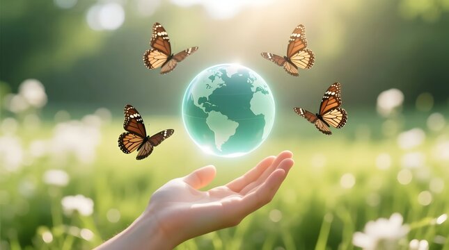 A glowing holographic earth globe floats above an open human hand in a sunny green meadow surrounded by four monarch butterflies symbolizing environmental protection and nature