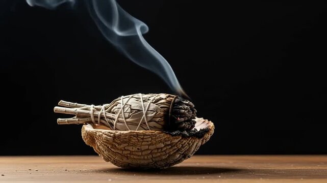 Burning Sage Smudging Stick Emitting Wisps of Smoke Against a Dark Background on a Wooden Surface Ritualistic Cleansing and Purification