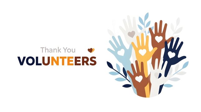 Thank you volunteers message with diverse raised hands illustration featuring heart shapes symbolizing gratitude and community support, isolated on white background