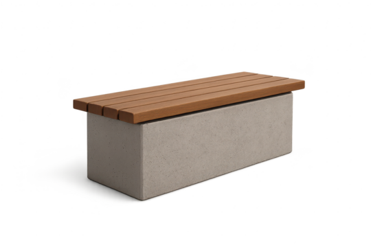 Modern concrete bench with wooden slats, isolated on transparent background