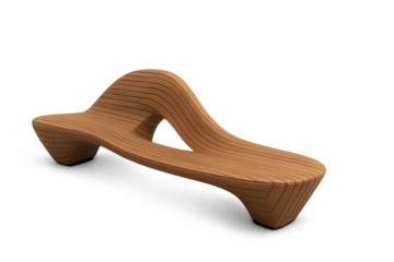 Modern curved wooden bench isolated on transparent background, contemporary design
