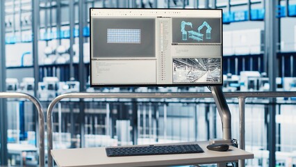 Monitor in automated photovoltaics factory running Industry 4.0 monitoring system, analyzing IoT...
