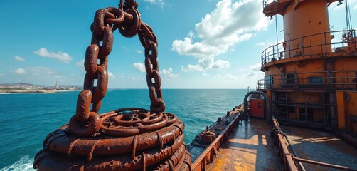 Massive industrial chain lifts heavy metal equipment on large rusty orange vessel at sea. Blue ocean water meets cloudy sky. Distant coastline shows port facilities, cranes. Offshore heavy lifting