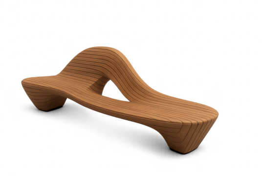 Modern curved wooden bench isolated on transparent background, contemporary design