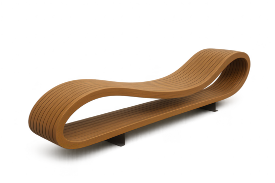 Modern wooden park bench isolated on a transparent background, curvy shape