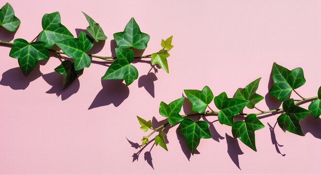 Fresh green ivy vines with hard shadows creeping diagonally on pastel pink background representing trendy nature aesthetic with copy space