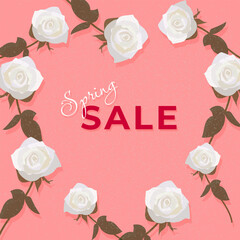 White roses arranged in a decorative frame on a soft pink background, creating a stylish layout perfect for seasonal sales, discounts, and promotional announcements