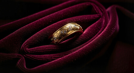 Ornate diamond studded gold ring nestled in deep burgundy velvet folds representing royal luxury and wealth with copy space