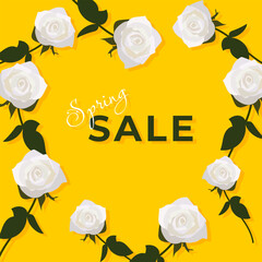White roses arranged in a decorative frame on a bright yellow background, creating a clean and eye catching layout perfect for promotions, discounts, and seasonal sale announcements