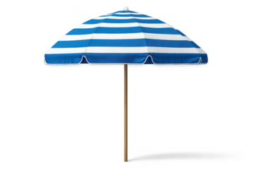 Blue and white striped patio umbrella isolated on transparent background scene